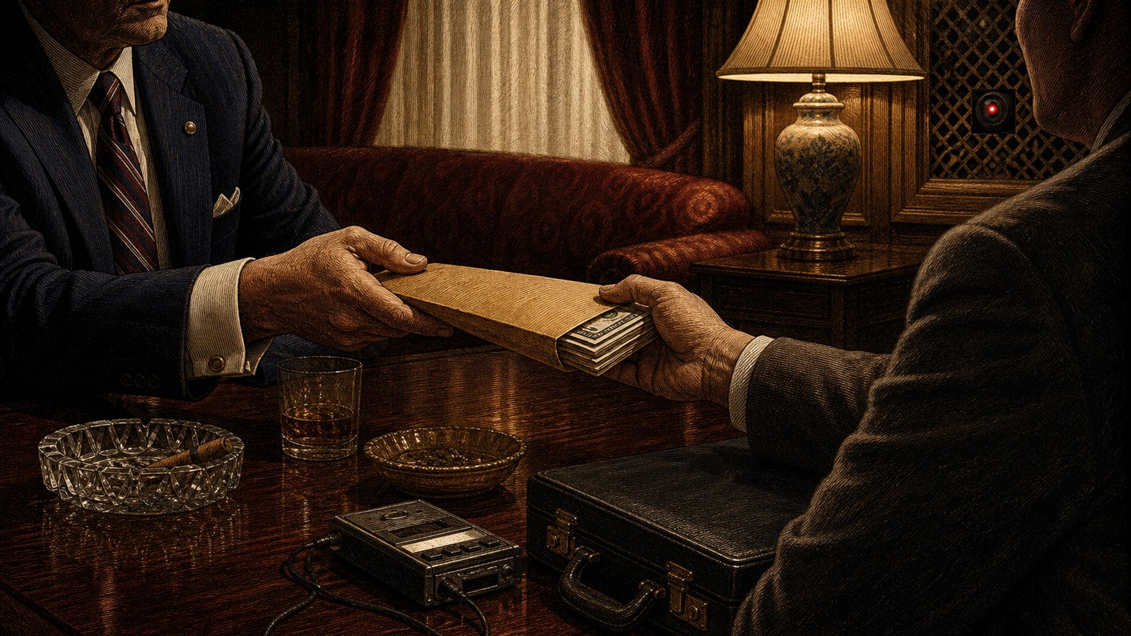 Reconstitution éditoriale d’une enveloppe et d’une liasse de billets échangées dans une chambre surveillée par une caméra cachée