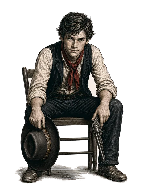 Billy the Kid seated with his hat and revolver