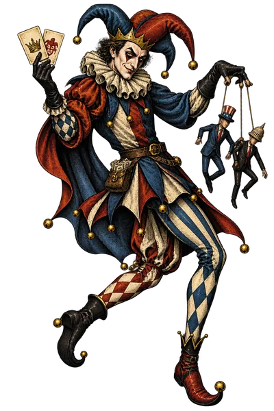 A satirical jester manipulating figures of power