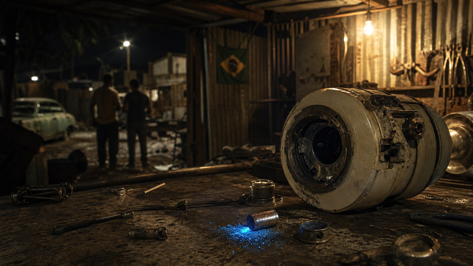 Reconstitution éditoriale d’une capsule de radiothérapie ouverte dans une ferraille de Goiânia, laissant apparaître une poudre bleue