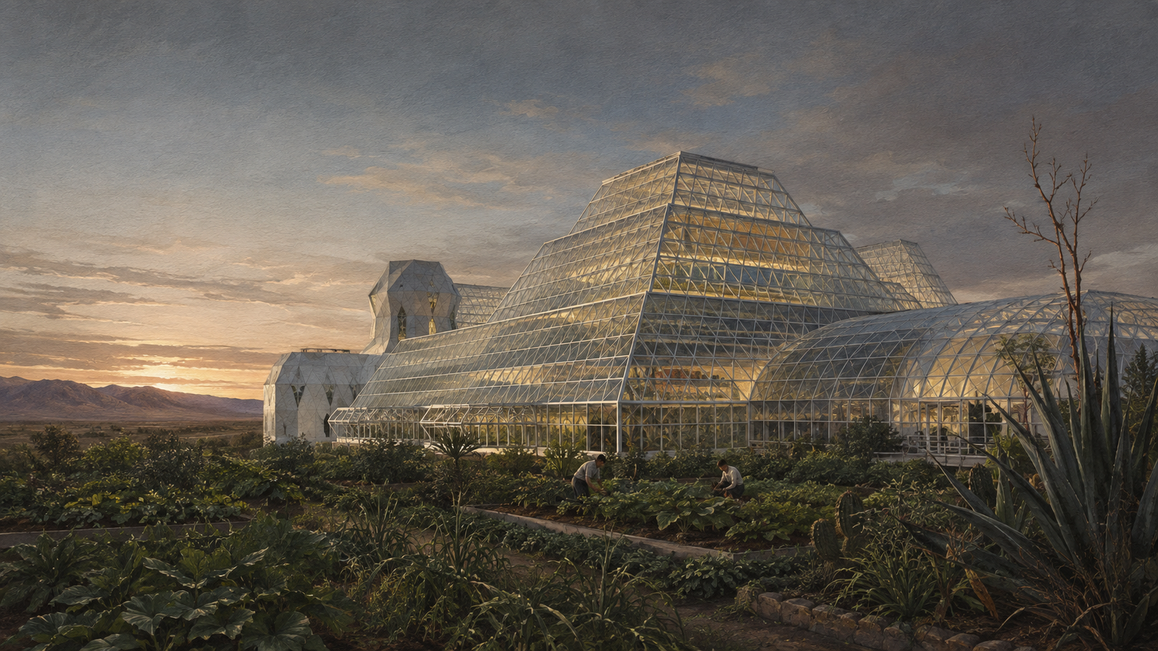 Editorial illustration: the Biosphere 2 experimental greenhouse in the desert.