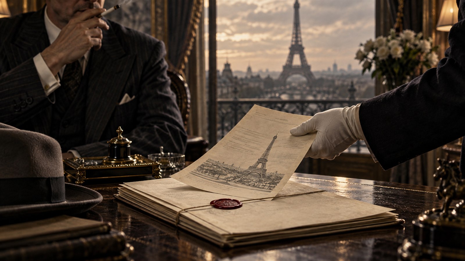 Editorial illustration of a forged government file used in the rigged sale of the Eiffel Tower.