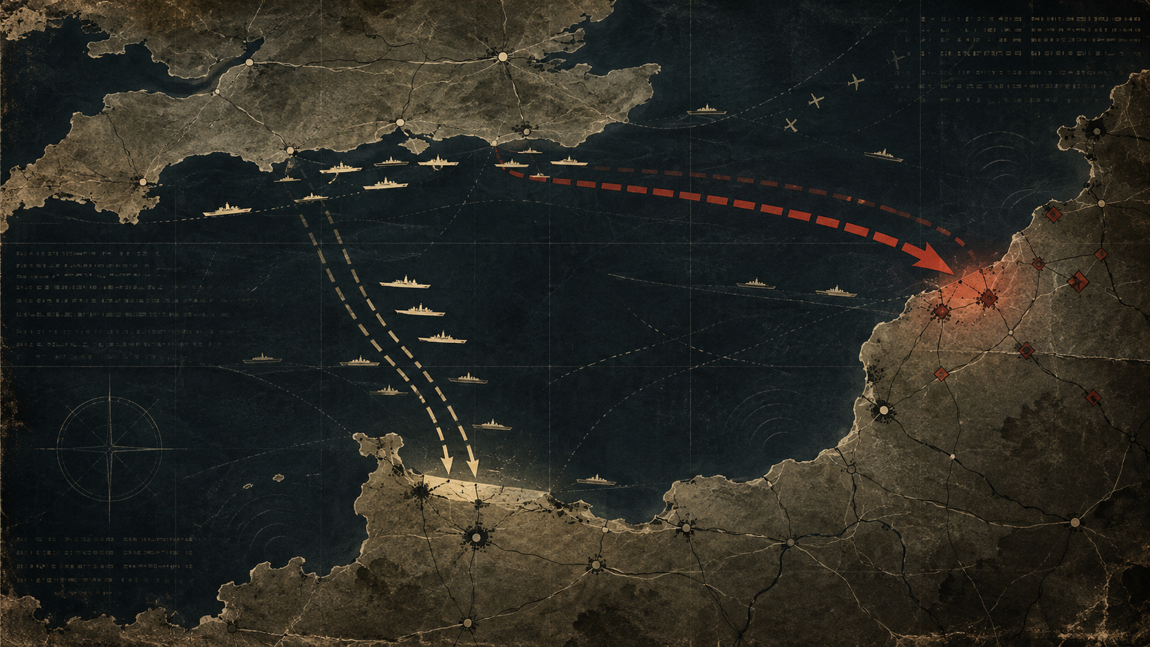 Illustration of the English Channel showing two competing invasion routes before D-Day.