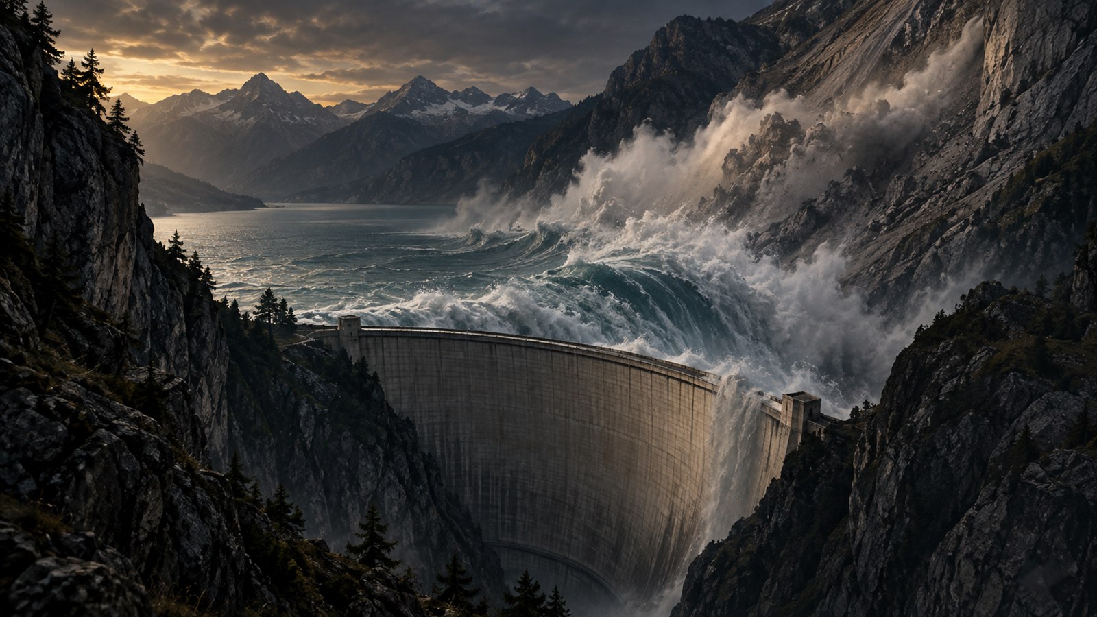 Editorial illustration of the intact Vajont Dam as the mountainside collapses into the reservoir.